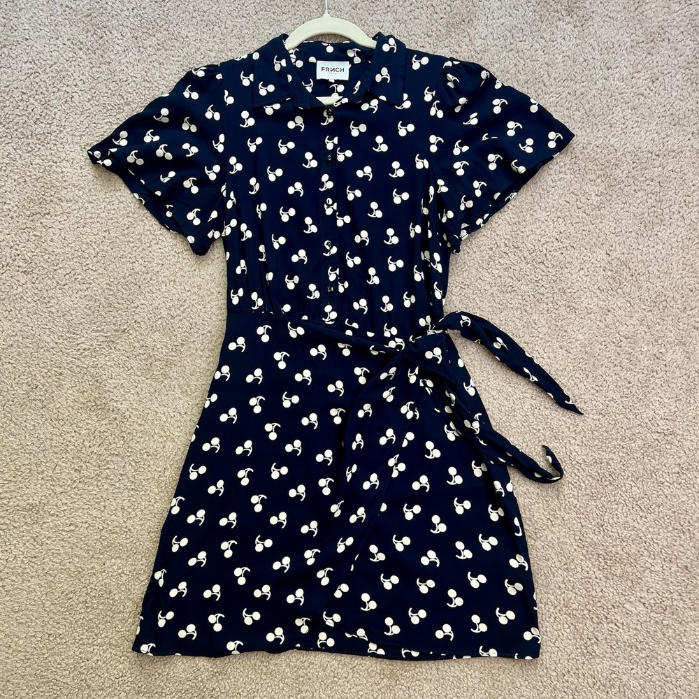 FRNCH Paris Cherries Print Faux Wrap Navy Short Dress Viscose Size XS
